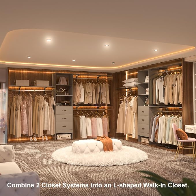Armocity 120 Inches Closet System, 10FT Walk In Closet Organizer with 3 Shelving Towers, Heavy Duty Clothes Rack with 3 Drawers, Built-In Garment Rack, 120" L x 16" W x 75" H, Max Load 1300 LBS, Grey