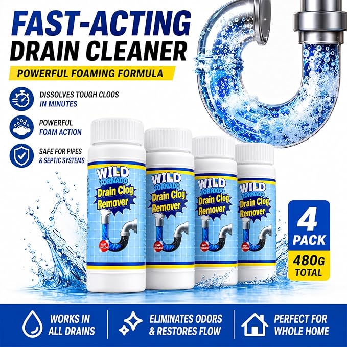Drain Clog Remover 4 Pack, Sink Drain Cleaner Fast Foaming, Clogged Drai Remover Rapidly by Dissolve Impurities, Quick Cleaning Tool for for Pipes & Toilet, Kitchen Sinks, Bathroom Showers（480g）