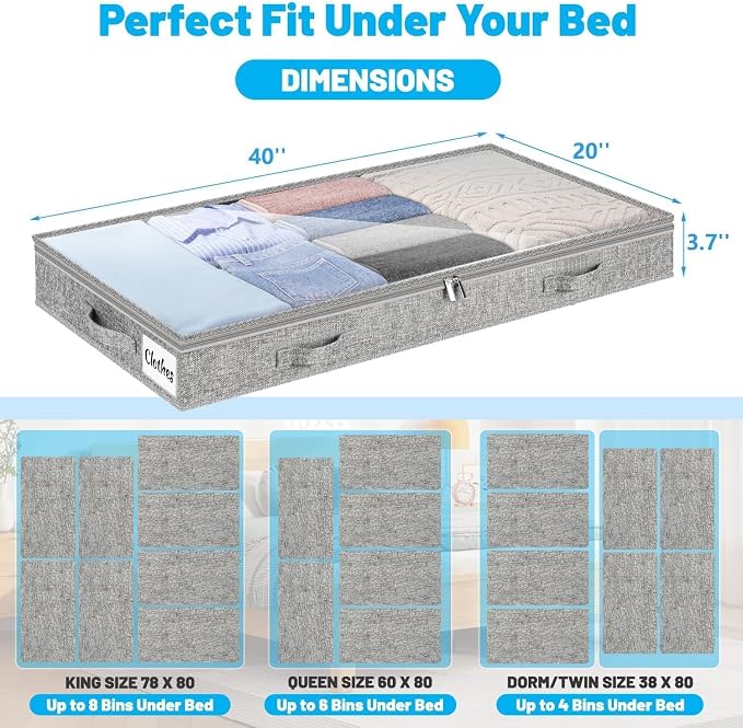 4 Inch Low Profile Under Bed Storage Drawer 2 Pack, Lightweight Underbed Clothes Storage Container Bins With NO STURCTURE, Shallow Storage Bag for Dorm & Home, With Clear Lids & Water-Resistant Fabric