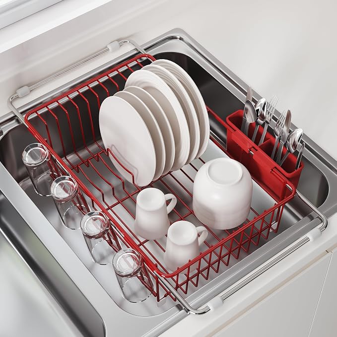 JASIWAY Red Dish Drying Rack in Sink, Expandable Stainless Steel Dish Drainers for Kitchen Counter, Dish Dryer Rack for Inside Sink, Over The Sink Dish Racks with Utensil Holder