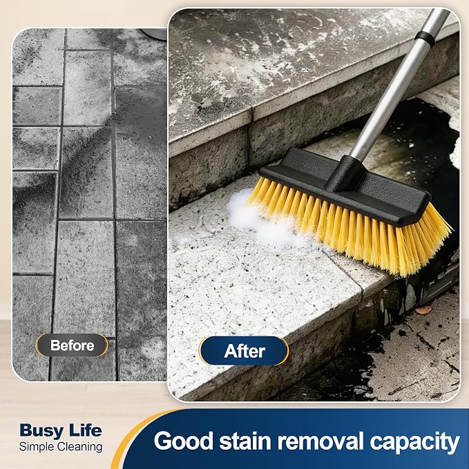 Yocada Deck Brush with 4-Section Extendable Handle Floor Scrub Brush Soft &Medium Bristles Non-Slip Grip for Outdoor Deck Patio Bathroom Garage Concrete Cleaning 54.3 Inch