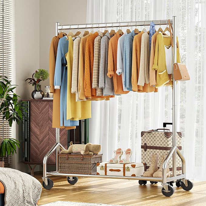 Simple Trending Heavy Duty Clothes Rack Load 420 LBS, Silver | Mesh Storage Shelf, 360° Lockable Wheels, Clothes Hanger for Bedroom, Laundry Room