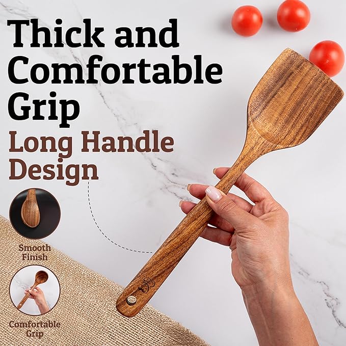 PriorityChef Wooden Spoons for Cooking, Premium 6pc Teak Wood Utensil Set with Hanging Hooks, Utensil Holder and Spoon Rest