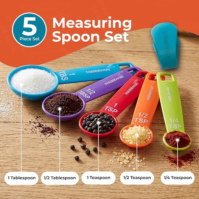 Farberware Set of 5 Measuring Spoons, Perfect for Measuring Both Wet and Dry Indgredients, Includes Detachable Ring for Optimal Storage and Organization, Dishwasher Safe, Assorted