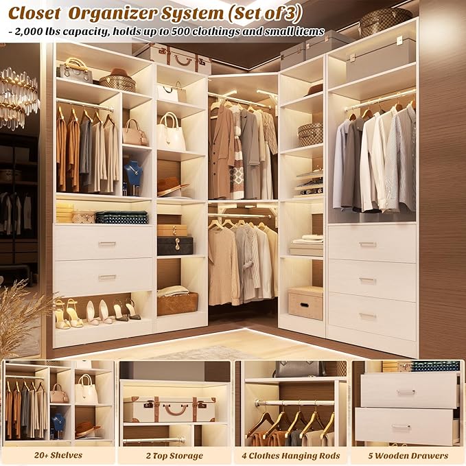 Besiost Corner Closet System with 5 Drawers, Closet Organizer System with 15+Shelvess & 4 Hanging Rods, 63.2"L * 63.2"W / 87.2"L * 39.2"W Reversible L Shaped Walk-in Closets, Load 2500+LBS, White