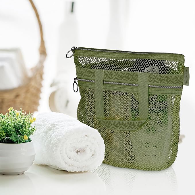 DV Lifestyle Mesh Shower Bag 10.2x9.9'' Quick-Dry Caddy with Zipper & 2 Pockets. Portable Toiletry Tote for Bathroom, Gym, Travel, Camp, Beach, for Sunscreen, Dorm & College Essentials (Olive Green)