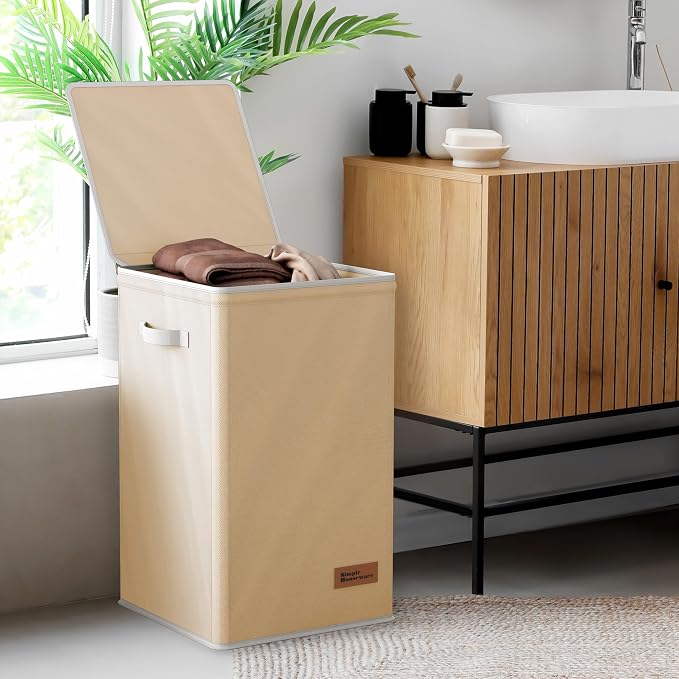Simple Houseware Foldable Laundry Hamper Basket with Lid and Bag, Beige | Heavy Duty 600D Polyester, Water-Resistant Surface