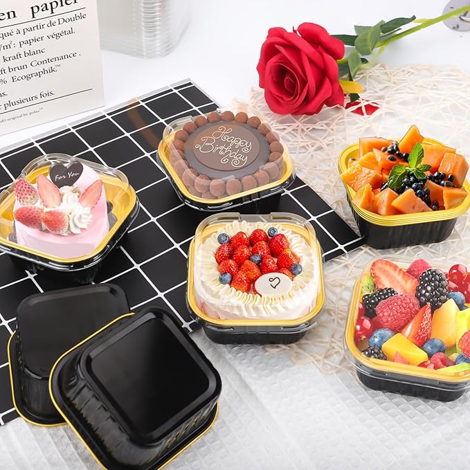 200Pack 5oz Black&Gold Mini Cake Pans with Lids Baking Cups Aluminum Foil Pans Tins, Individual Dessert Cups Containers for Sales,Party,Picnics
