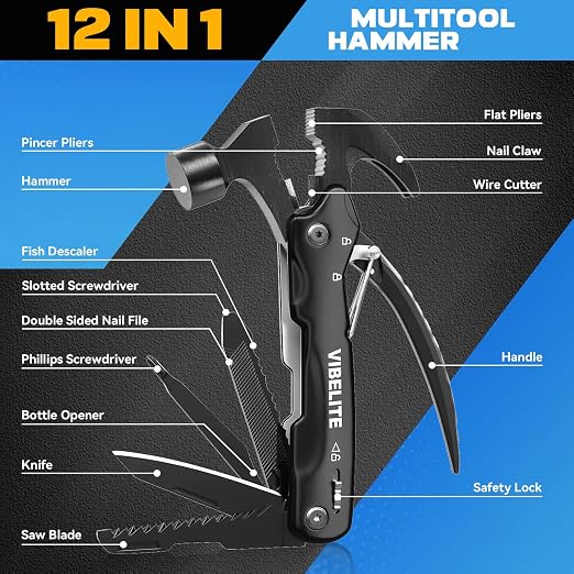 Gifts for Men, 12 in 1 Multitool Hammer for Camping, Hunting, Hiking | Birthday Gifts for Men, Dad, Him, Husband, Boyfriend, Women, Mens Gift from Daughter, Wife, Son, Black