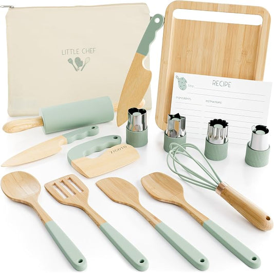 Wooden Cooking & Baking Set for Kids - Safe & Real Kitchen Tools Give Toddlers a Fun Cooking Experience - Durable Utensils are Perfect for Gifting to Create Lasting Family Memories