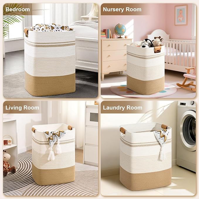 Laundry Hamper, 75L Tall Laundry Basket with Leather Handles, Rectangle Large Clothes Hamper for Organizing, Cotton Woven Laundry Baskets Storage Hampers for Bedroom, Nursery, Living Room