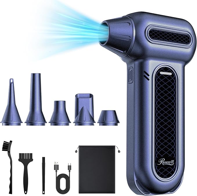 Rosewill Electric Air Duster - 130,000 RPM Super Power Cordless w/Turbo Mode, 4-Gear Adjustable Mini Blower with Fast Charging, Inflation and Suction for Computer, Keyboard, Pet, House, Outdoor & Car