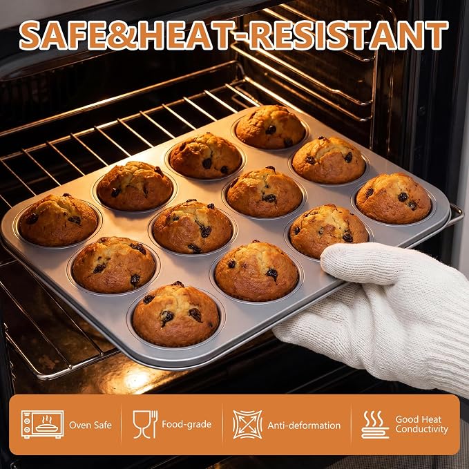 Domensi 4 Pcs Muffin Pan 12 Cup Carbon Steel Cupcake Baking Pan Nonstick Tin Tray for Standard Muffins, Brownie, Tart, Quiche, Heavy Duty Bakeware Set, Oven & Dishwasher Safe