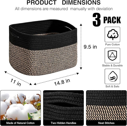Storage Baskets for Organizing Shelves, Woven Cotton Rope Bins for Organization, Dog Toy Organizer for Shelf Living Room Bedroom, 14.8"×11"×9.5", Pack of 3, Black & Jute