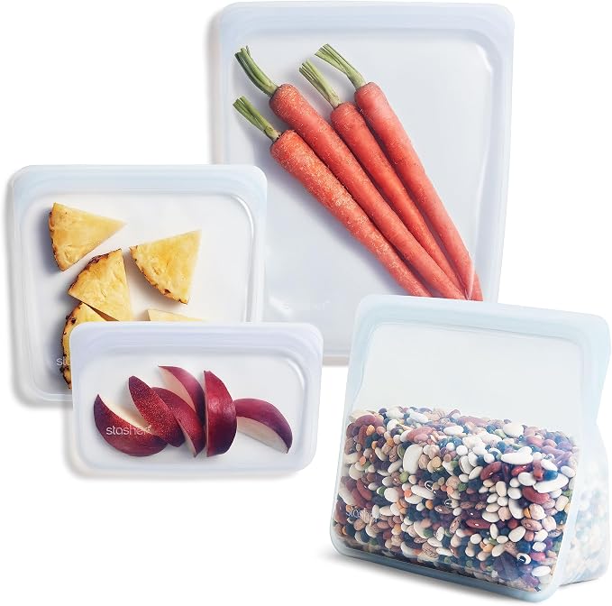 Stasher Silicone Reusable Storage Bags, 4-Pack, Reusable Freezer Bags, Microwave, Dishwasher, Oven Safe, Sous Vide, Premium Lunch Containers, Eco Friendly, Food-safe Silicone Snack Bag, Clear