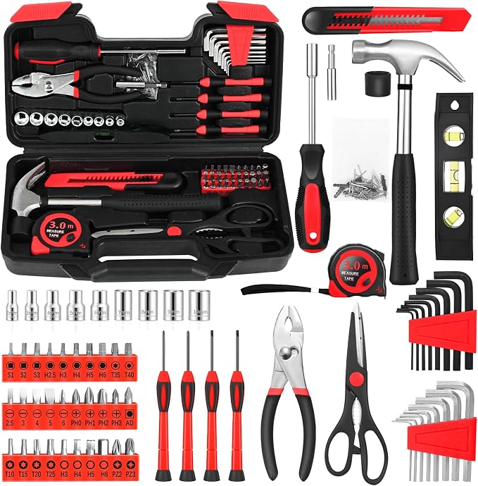 144-Piece Red Home Tool Set, Household Hand Kit with Plastic Toolbox | Basic repair tools for women & college students, all-purpose dorm set for home, apartment, office & daily household DIY use