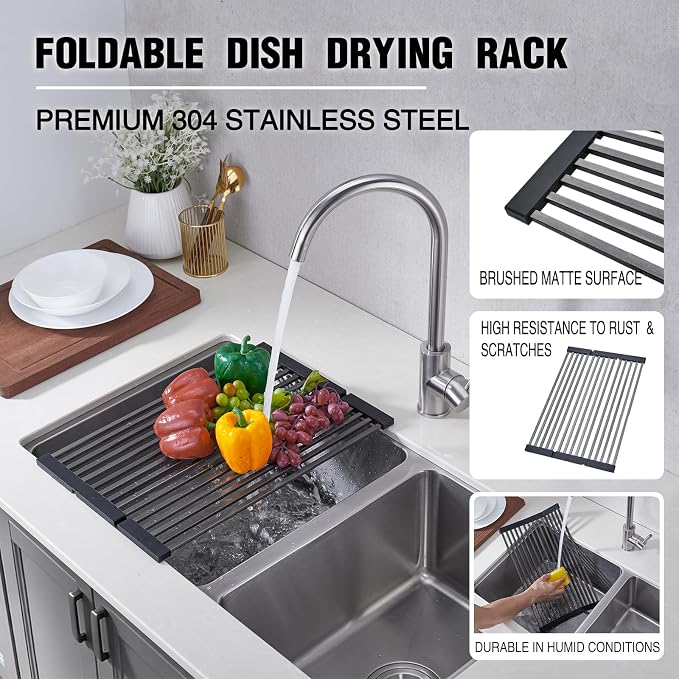 Foldable Over Sink Dish Drying Rack, 304 Stainless Steel Kitchen Drain Rack for Tableware, Detachable Silicone Edge, Rectangular Tubing,Black,4 Fold 17.72" x 15.36"