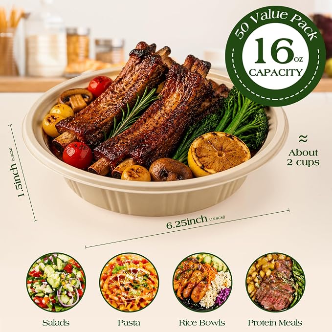 100 Piece (50 Pack) Meal Prep Bowl Containers with Lids, Cornstarch Round Food Containers for Lunch Salad Deli Soup, BPA Free Plant-based Take Out Containers Microwave & Freezer Safe, 16 oz