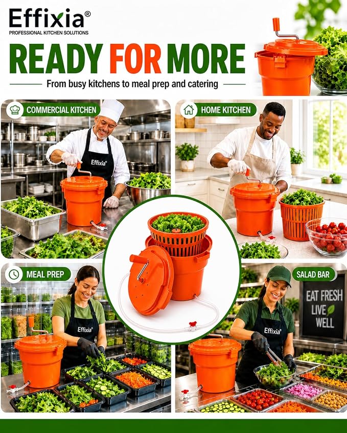 Commercial Salad Spinner - 3 Gallon Large Capacity Lettuce Dryer with 10 Ft Drain Hose & Stop Valve, 12Qt Manual Vegetable Spinner for Restaurants, Catering and Meal Prep
