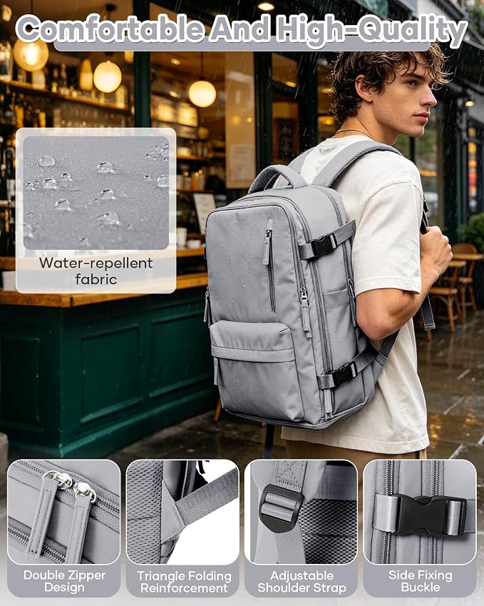 WONHOX Large Travel Backpack Women, Carry On Backpack,Hiking Backpack Waterproof Outdoor Sports Rucksack Casual Daypack with USB Charging Port Shoes Compartment, Grey