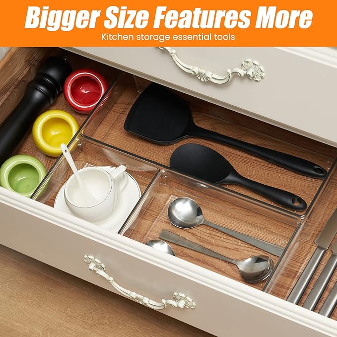 9 Pack Clear Plastic Drawer Organizer Set, Acrylic Non Slip Non Cracking Kitchen Drawer Storage Tray Large Size Divider, Multifunctional Storage for Cosmetics, Bathroom, Tools, Kitchen and Office