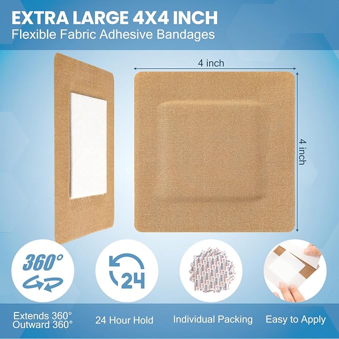 Geiserailie 24 Pcs Extra Large Flexible Adhesive Bandages 4 x 4 Inch Sterile Fabric Bandages with Non-Stick Pad Latex Free Painless Removal for Wound Care and First Aid(Rectangle)
