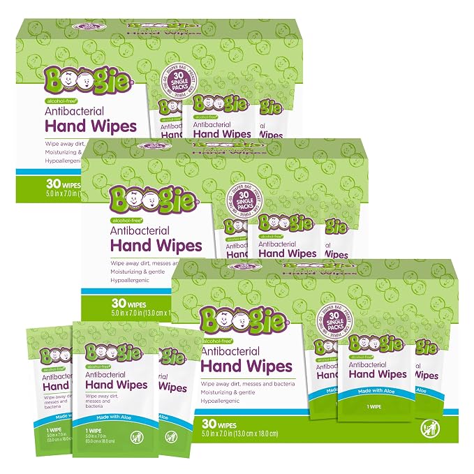 Boogie Antibacterial Hand Wipes - 90 Count - Hypoallergenic & Alcohol-Free - Individually Wrapped - Travel and Diaper Bag Essential