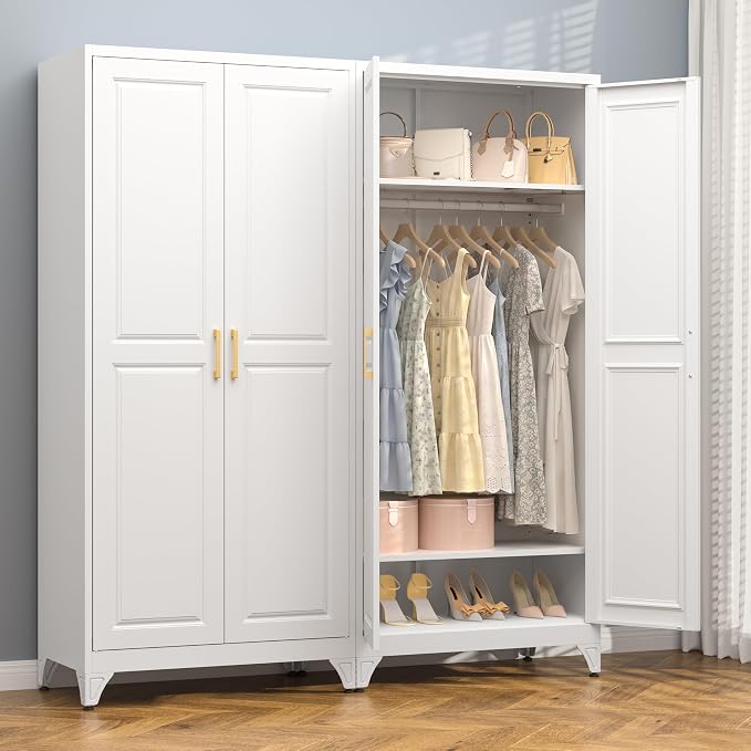 Polup Metal Armoire Wardrobe Closet with Doors and Shelves, 71" Tall Freestanding Wardrobe Cabinet for Hanging Clothes, Large Closet with Hanging Rod for Bedroom, Office, School, Employee, Gym, White