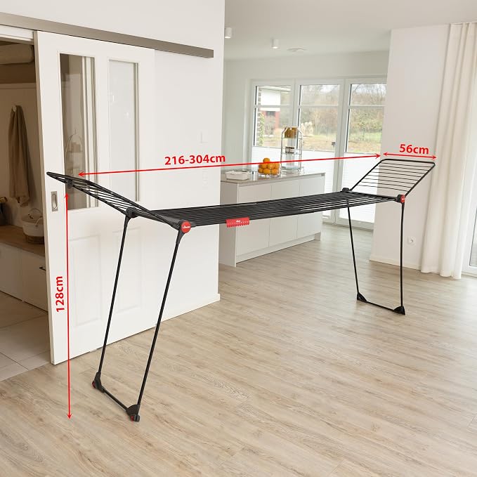 Vileda Infinity Flex Ultimate Black Edition Folding Clothes Airer | Telescopic frame 117-205 cm, XXL drying bars, aluminium and steel, pre-assembled, TÜV tested, comfort pack