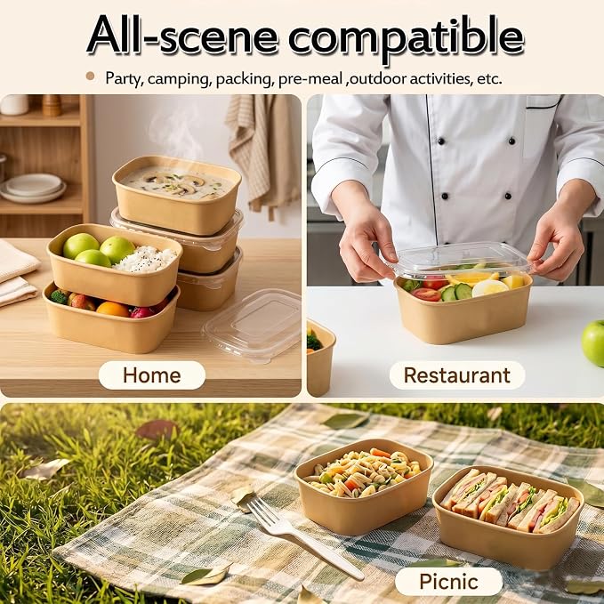 50 Pack 25Oz Disposable Meal Prep Containers With Lids and Forks-Disposable Kraft Paper Bowls-to go food containers-Microwavable and Freezer Safe Take Out Containers for Hot/Cold Food Prep and Salad