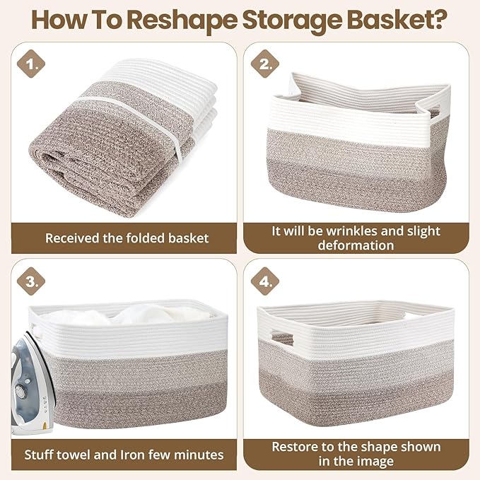 Optish 95L Blanket Basket, Large Woven Baskets for Storage, Blanket Storage for Living Room, Rope Basket with Handles for Bedroom, Nursery, Toys, Clothes, 24” x 17” x 13.5”, White & Brown