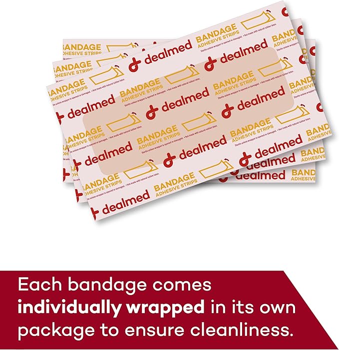 Dealmed Fabric Bandages - Flexible, Latex Free - 100 Ct (3 Pack) | 2 x 4 in Size, 300 Total Count, Non Stick Pad, Individually Wrapped, Sterile, Hand And Finger Use, Tan Color