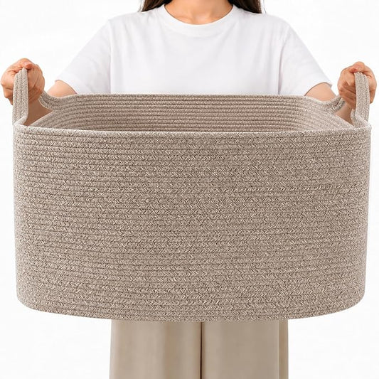 65L Large Laundry Basket with Handles,Woven Blanket Basket,Brown | 21"×16"×12" Collapsible Cotton Rope Storage Basket for Toys Clothes & Pillows, Nursery, Bathroom, Bedroom, Living Room