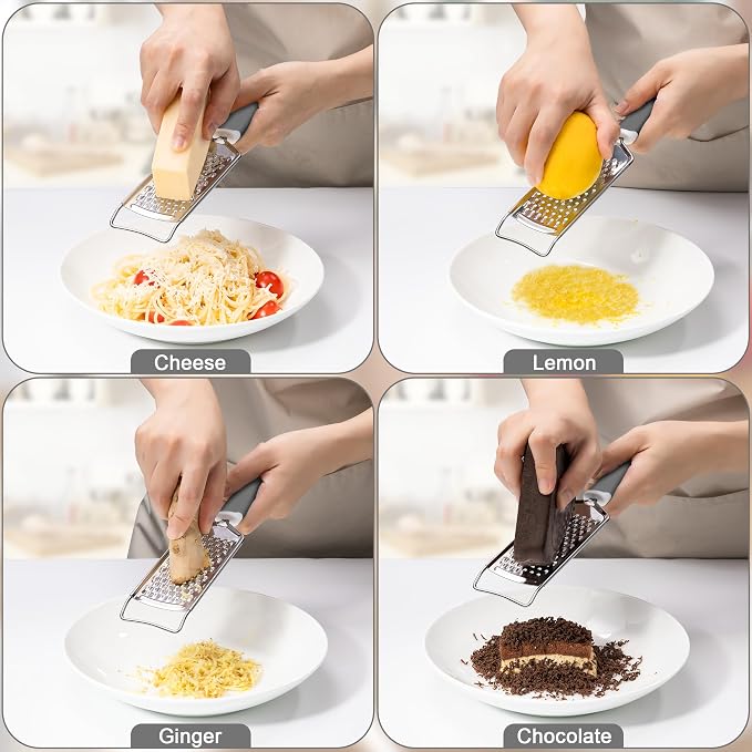 Rainspire Professional Cheese Graters for Kitchen Stainless Steel Handheld, Metal Lemon Zester Grater With Handle For Cheese, Chocolate, Spices, Kitchen Gadgets And Tools, Soft Grip Handle, Grey