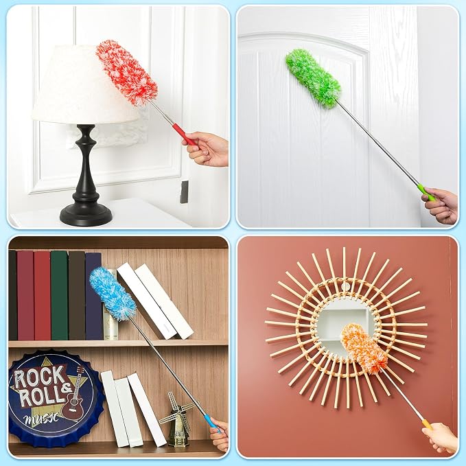 Tanlade 8 Pcs Microfiber Feather Duster for Cleaning, Extendable 13-31 Inch Ceiling Fan Duster with Bendable Head, Washable Tools for Ceiling Fans, Furniture, Car, Cobwebs (Bright Color)