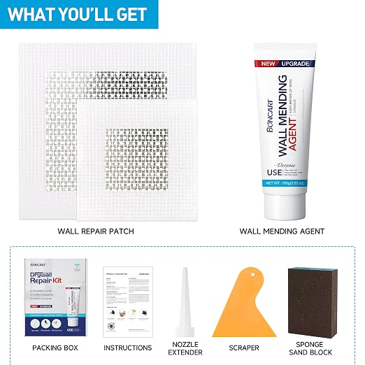 BONCART Spackle Wall & Drywall Repair Patch Kit with Tools | Includes Wall Putty, Scraper, Sanding Sponge, And Aluminum Patches. For Wall Cracks And Nail Holes.