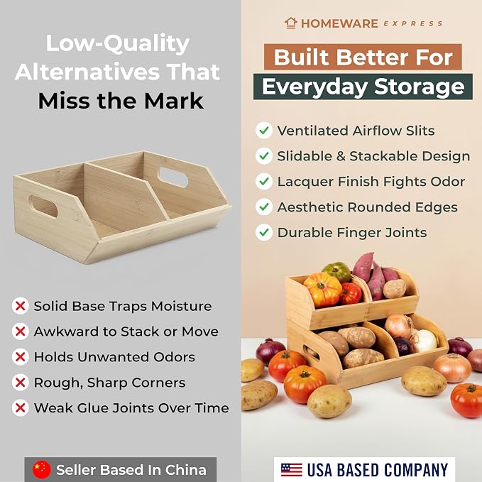 Potato and Onion Storage Bin for Pantry and Kitchen Counter - Ventilated Stackable Bamboo Organizer Baskets with Handles