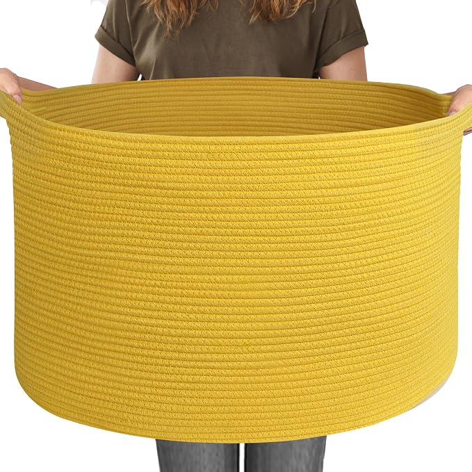 MEGASKET Extra Large 115L Yellow Basket, 23.6" x15.7 Cotton Rope Yellow Decor for Living Room Bedroom, Woven Basket for Blanket, Laundry, Towel, Shoe, Kids Toy Box Organizer, Room Decor Storage Bin
