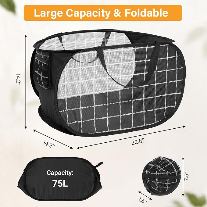 Collapsible Laundry Baskets with Side Pocket, Mesh Pop Up Clothes Hamper for Laundry, Foldable Laundry Basket Storage Hamper with Reinforced Handles for Clothes, Toys, Home, Dorm -Grid Print, Black