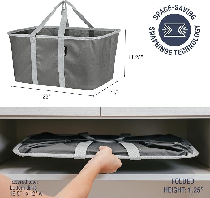 CleverMade Collapsible Laundry Tote, 50L, 2 Pack, Charcoal | Long center handles balance one-hand carrying. A steel rim supports 55 lb, then folds to 1.25 inches for compact storage.