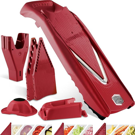 Börner Mandoline Slicer V5 (Professional Set) • Adjustable Vegetable Slicer (7-piece) • 10 Cutting Styles • Kitchen Slicer incl. Docking Station • Stainless Steel V-Blade • Color: Red