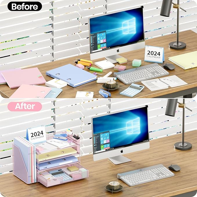 OPNICE Desk Organizer, 4-Tier Desktop File Organizer with Drawer and Pen Holders, Office Desk Accessories, File Sorters, Workspace Organizers for Office Supplies(Pink)