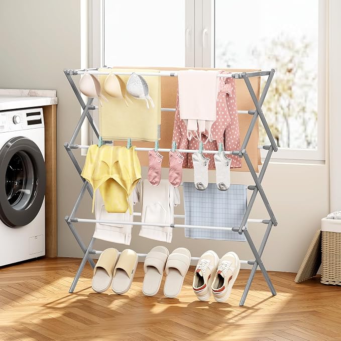 KINGBOARD 3-Tier Extendable Clothes Drying Rack, Foldable, White & Grey | 37.4"H x 33.8"W x 11.2"D, Space-Saving Collapsible, Easy Assembly, Rust-Resistant Iron Frame, Indoor Outdoor Use, 25lb