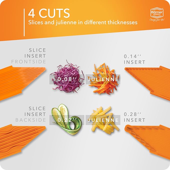 Mandoline Food Slicer Börner V3 (Starter Set) by Reston Lloyd • V-Slicer with Blade Storage & Safety Food Holder • Made in Germany • Fruit & Vegetable Chopper • Multiple Settings: Orange