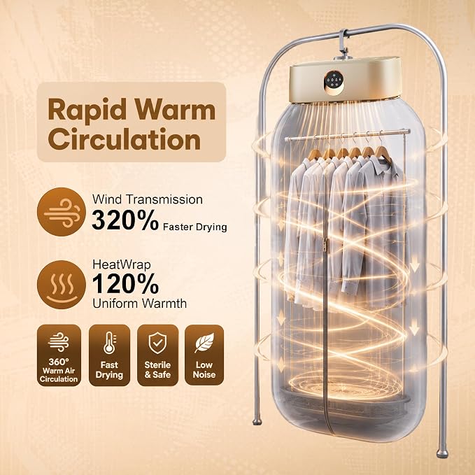 Portable Clothes Dryer for Upto 12 Clothes with Remote Control Compact Form | Compact Dryer for Clothes Apartment, RV, Travel Built-in LED UV, Adjustable 8-Hour Timer with Fast-Drying Stress-Free Setup
