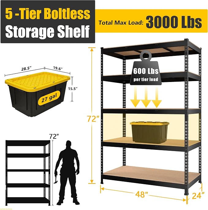 PrimeZone 3 Pack Storage Shelves 48" x 24" x 72", 5 Tier Adjustable Garage Storage Shelving, Heavy Duty Metal Storage Utility Rack Shelf Unit for Warehouse Pantry Closet Kitchen, Black