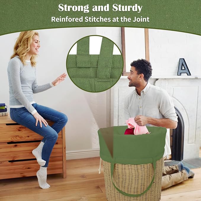 Canvas Laundry Bags with Handles & Square Base 16"Wx16"D x27.6"H, ArmyGreen | Extra Large Heavy Duty Laundry Basket Hamper Liner, Washable Drawstring Dirty Clothes Bag Canvas Storage Sack