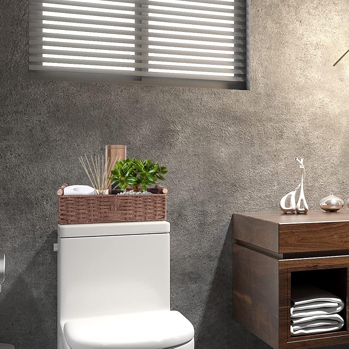 Round Paper Rope Storage Basket Wicker for Organizing with Handle, Decorative Bins Countertop Toilet Paper for Tank Top Small Set, Brown