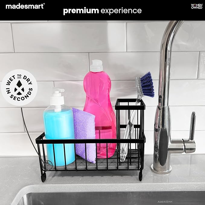 madesmart Drying Stone Sink Caddy Organizer for Kitchen Sink, Sponge Holder with Diatomite Water Absorbing Tray, Detachable Brush Holder & Rust Resistant Metal Frame, Black