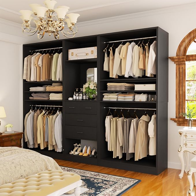 Unikito 98” Closet System with Mirror & 4 Drawers, 8.2FT Heavy Duty Wood Closet Organizer with 4 Hanging Rods, Large Walk-in Wardrobe Garment Rack with Adjustable Shelves, Black